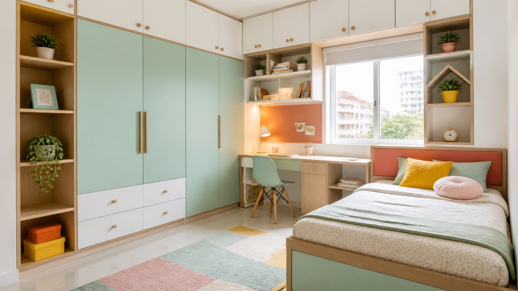 Second bedroom with wardrobe, loft and compact study unit - Lakshi Home Interior Chennai