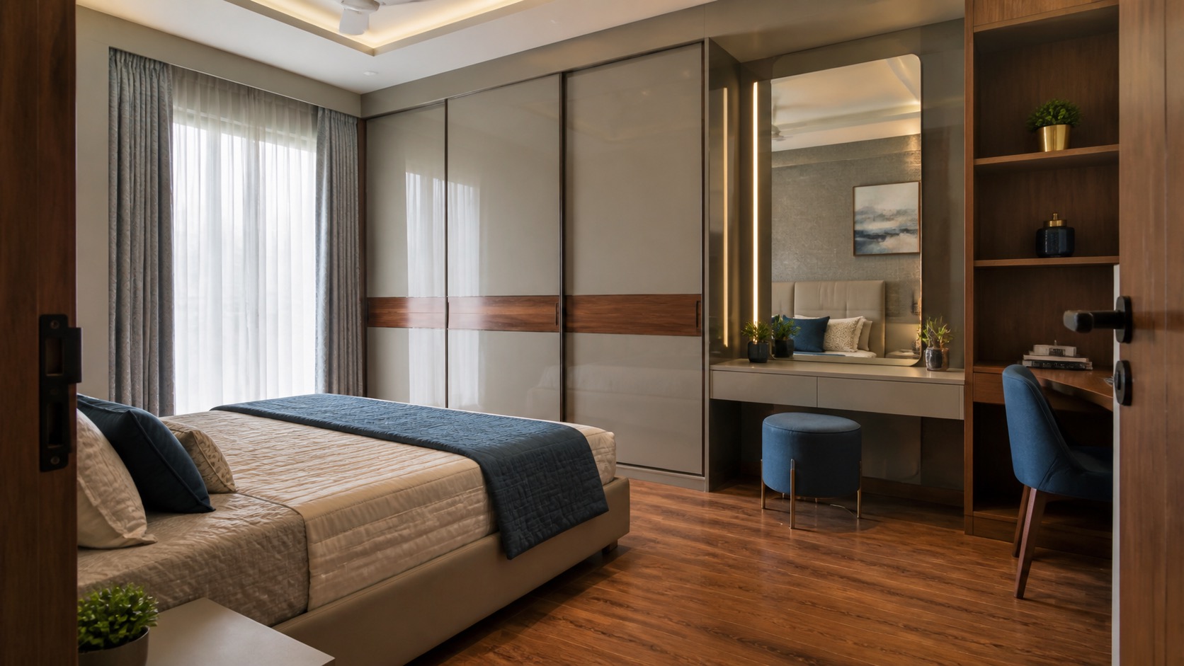Full-height sliding wardrobe with mirror-led dressing unit - Lakshi Home Interior Chennai