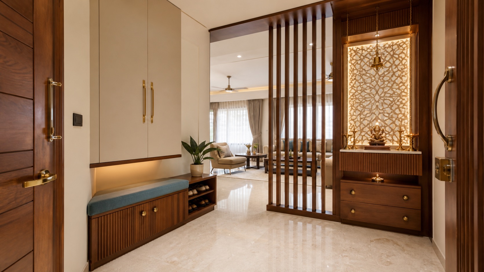 Main entrance with shoe rack, pooja niche and hall partition - Lakshi Home Interior Chennai