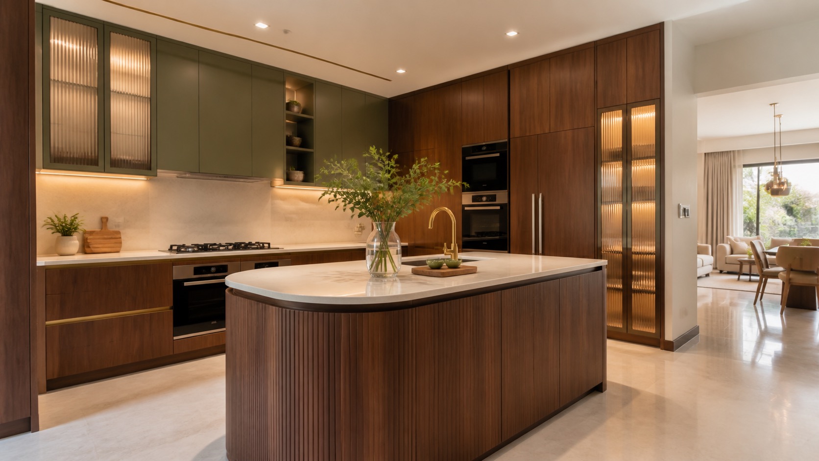 Island kitchen with tall pantry, sage shutters and fluted walnut island - Lakshi Home Interior Chennai