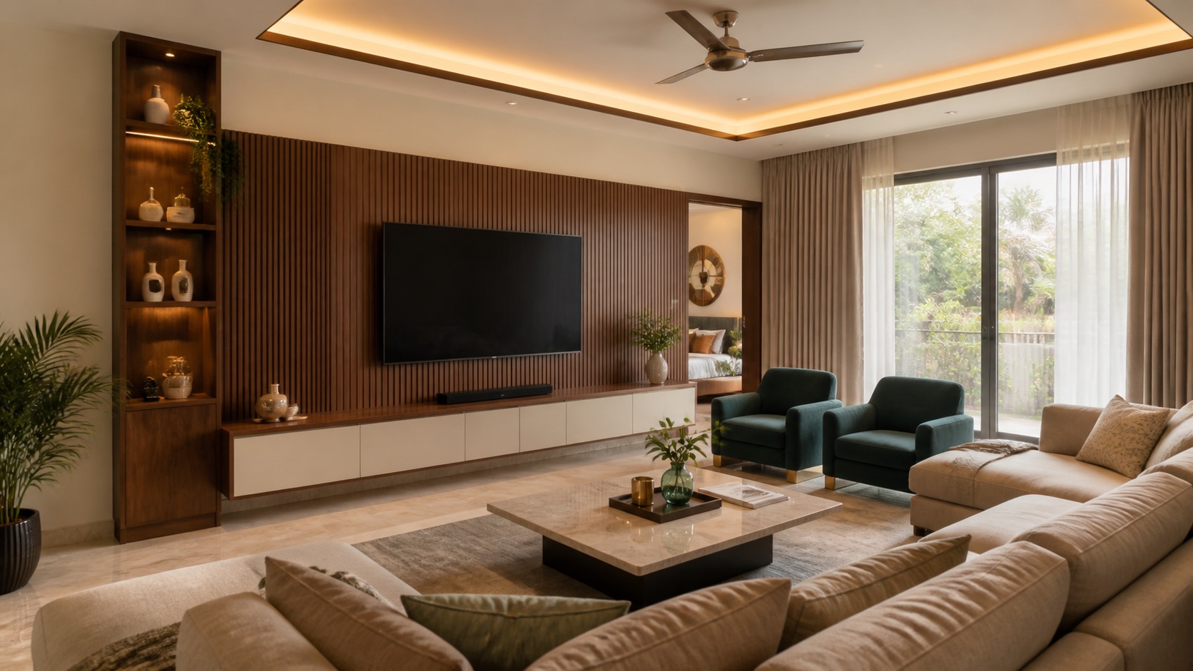 ECR Chennai luxury villa full home interior design with woodwork island kitchen TV unit crockery pooja and wardrobes