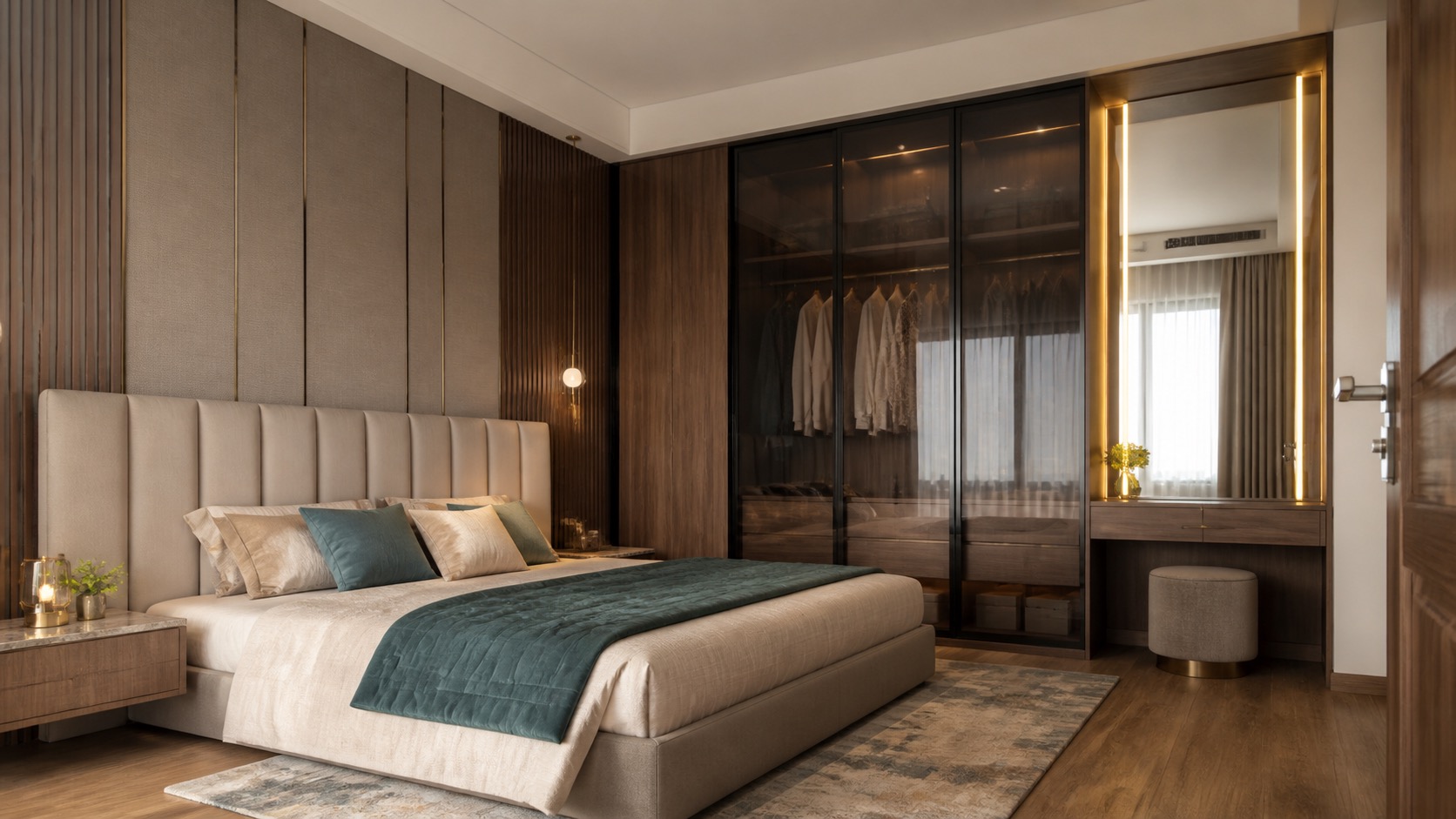 Master bedroom with smoked-glass wardrobe and dressing mirror - Lakshi Home Interior Chennai