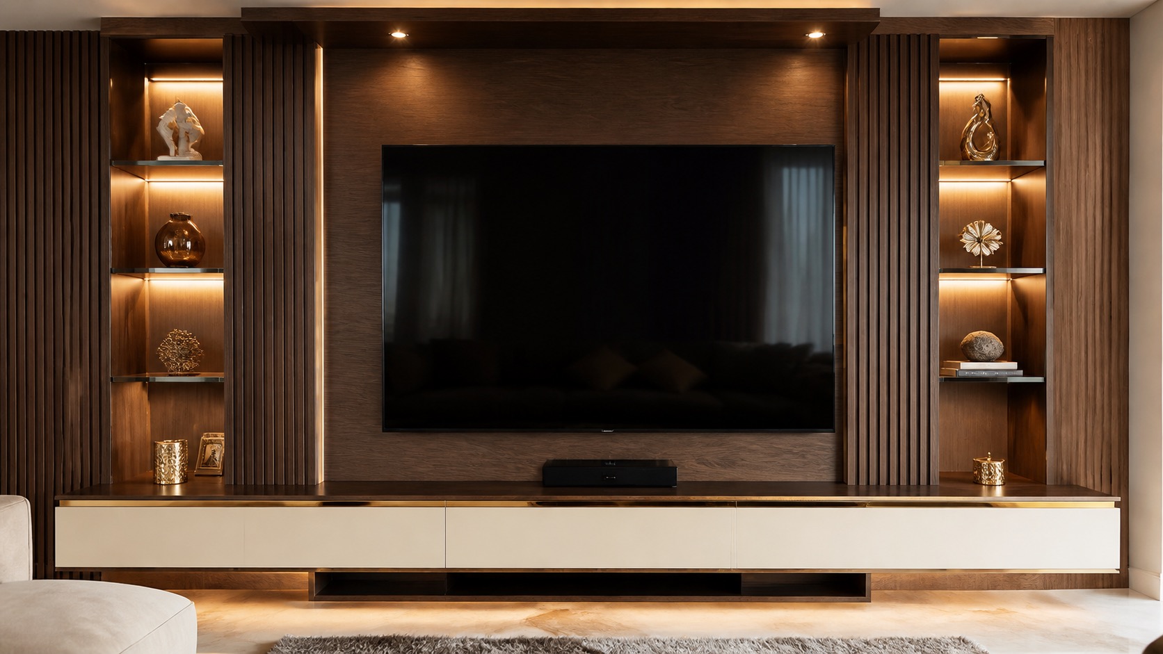 Close view of the wooden TV unit, backlit shelves and concealed storage - Lakshi Home Interior Chennai