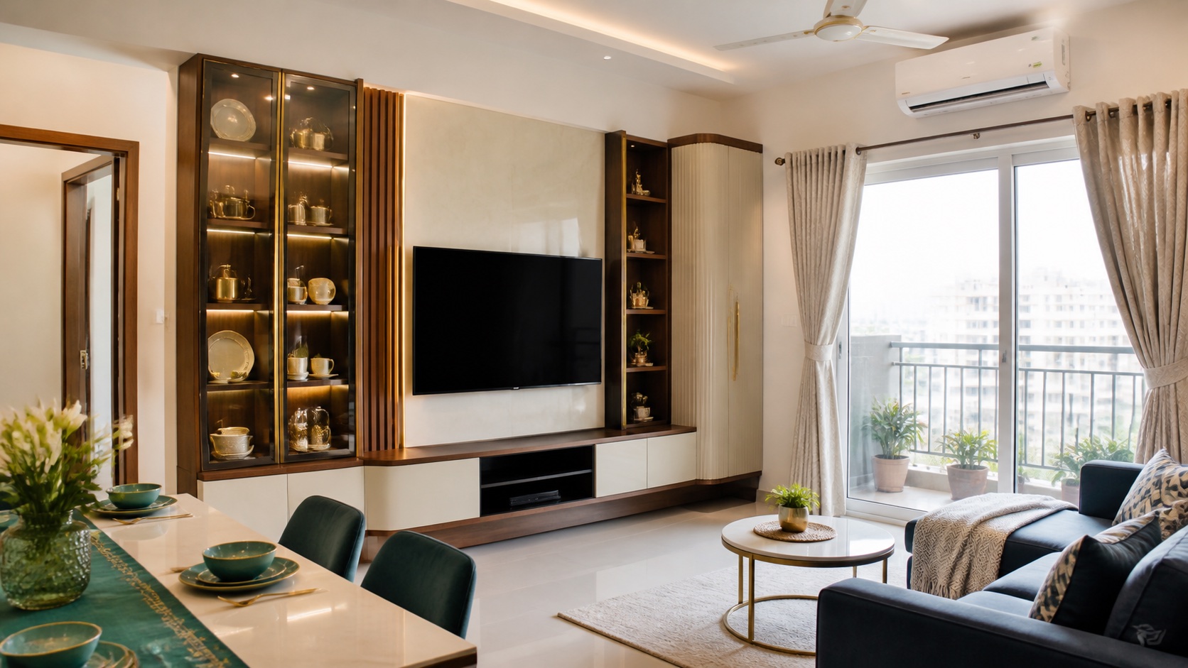 2BHK modern living room interior design in OMR Chennai with TV unit and crockery cabinet