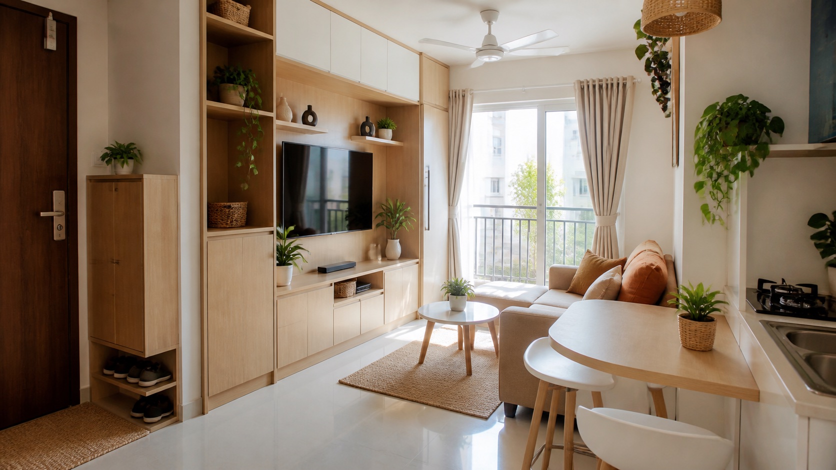 Compact 1BHK interior design in Pallavaram Chennai with space saving TV storage and kitchen