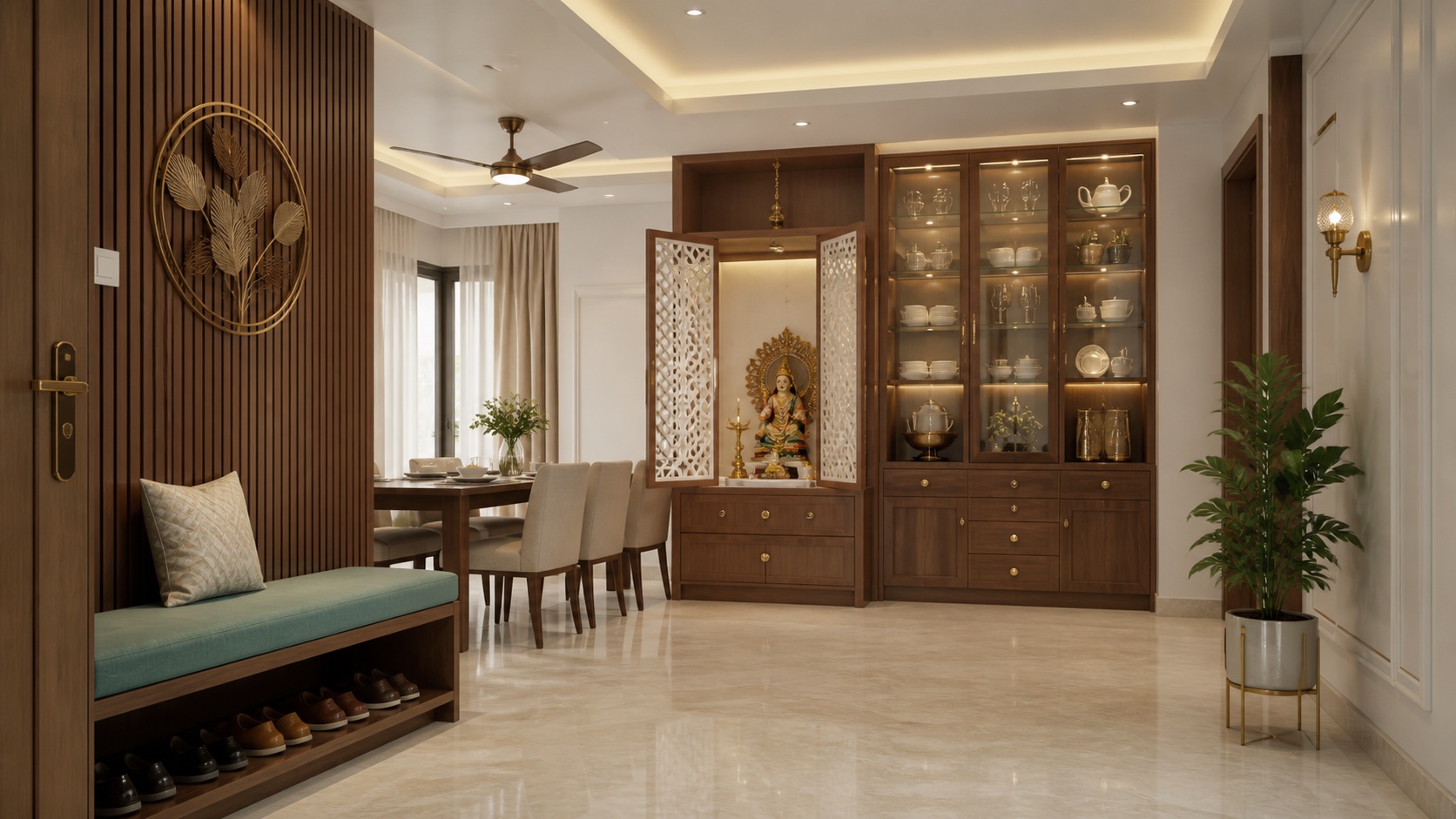 4BHK pooja unit and crockery cabinet interior design in Tambaram Chennai with foyer shoe rack