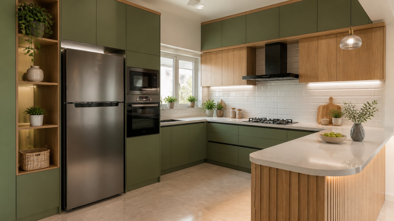 3BHK modular kitchen design in Velachery Chennai with sage green cabinets and loft storage