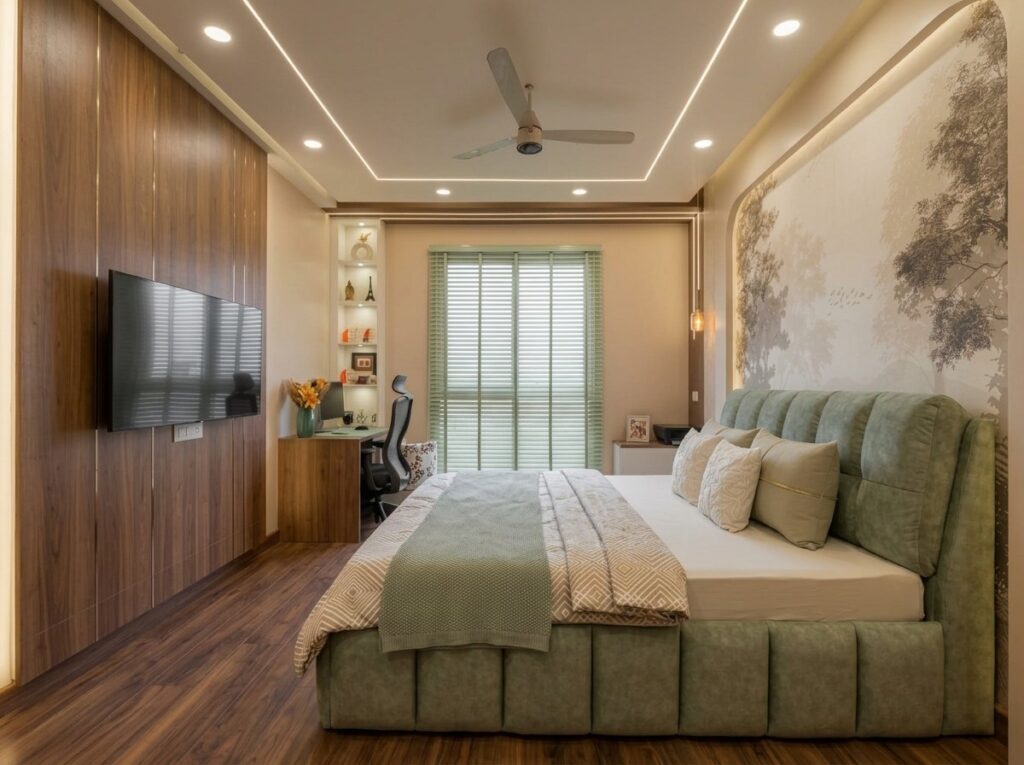 Bedroom Minimal Sage Walnut Lakshi Home Chennai