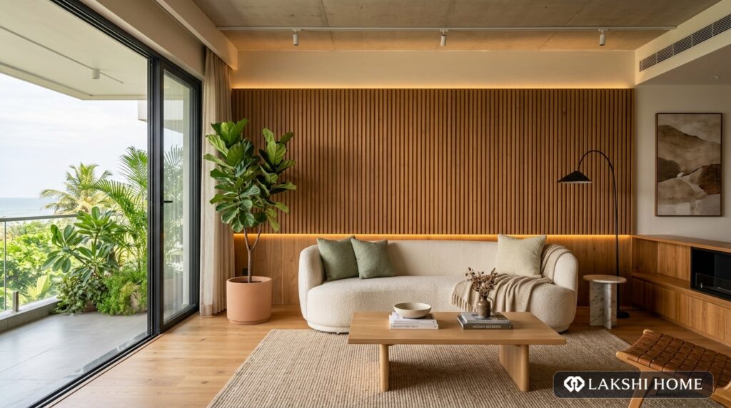 Fluted Teak Living Room Wall in Adyar Chennai Lakshi Home Chennai