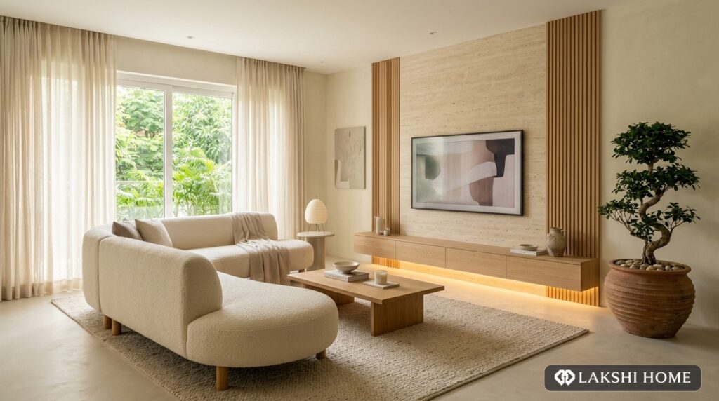 Curved Boucle Sofa TV Wall in Alwarpet Chennai Lakshi Home Chennai