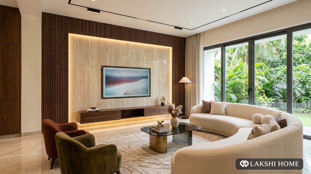 Backlit Fluted Walnut Travertine TV Feature Wall in Anna Nagar Chennai Lakshi Home Chennai