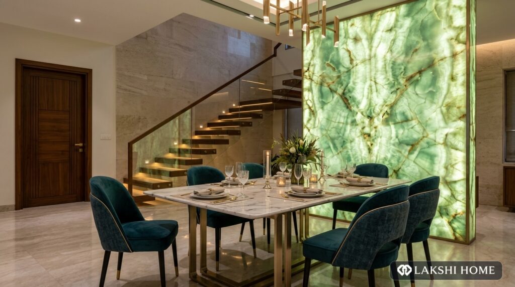 Backlit Emerald Onyx Partition Wall & Dining Hall in ECR Chennai Lakshi Home Chennai