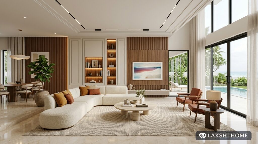 Ivory Boucle Curved Sectional Villa Living Room in ECR Chennai Lakshi Home Chennai