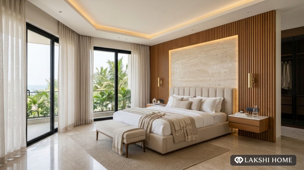 Fluted Teak & Backlit Travertine Villa Master Bedroom in ECR Chennai Lakshi Home Chennai
