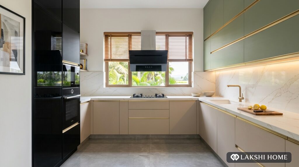 U-Shaped Cashmere & Sage Quartz Villa Modular Kitchen in ECR Chennai Lakshi Home Chennai