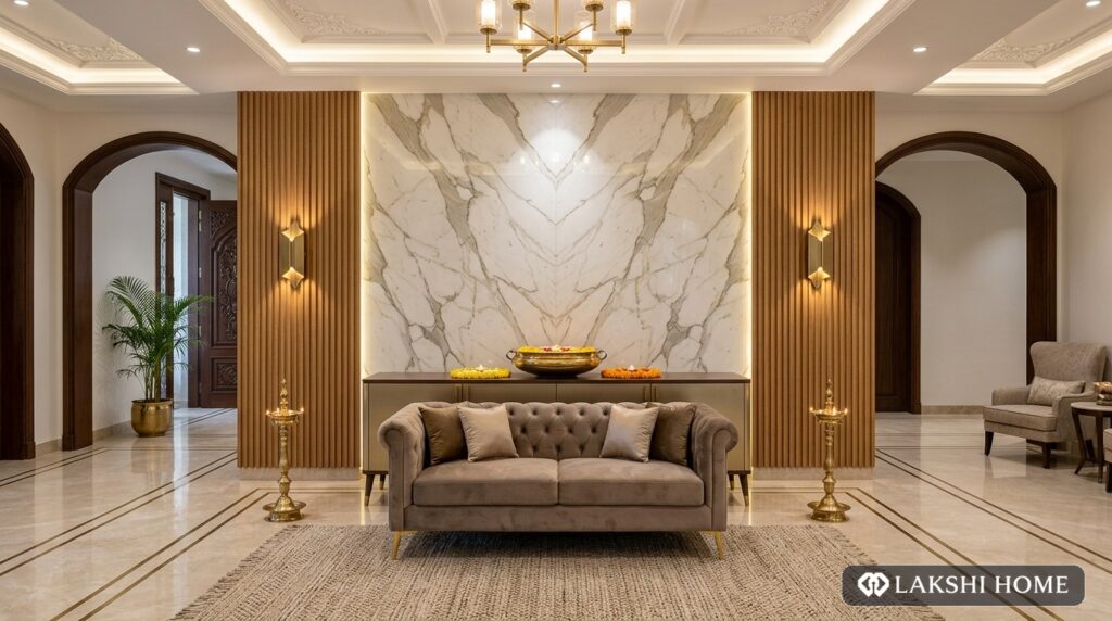 Grand Spiritual Fluted Marble Foyer Accent Lounge in ECR Chennai Lakshi Home Chennai
