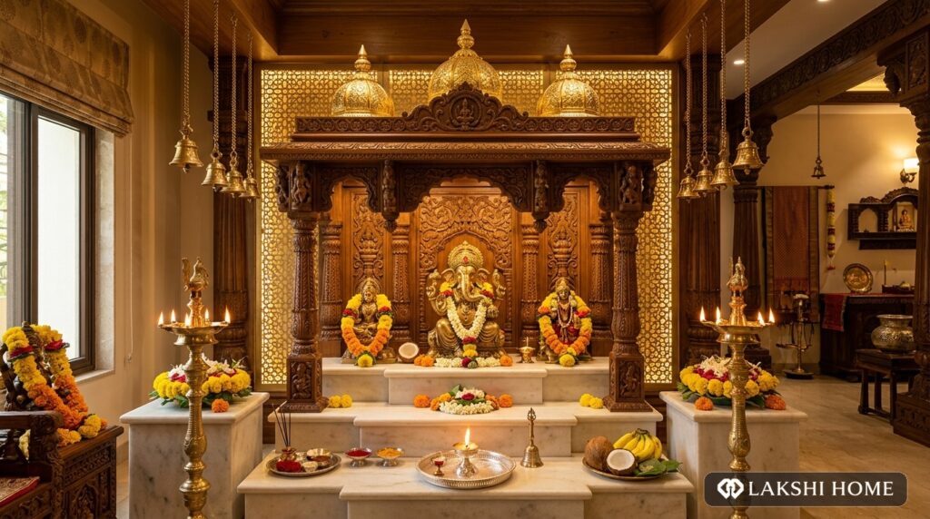 Central Illuminated Pooja Mandir with Temple Bells in Kilpauk Chennai Lakshi Home Chennai