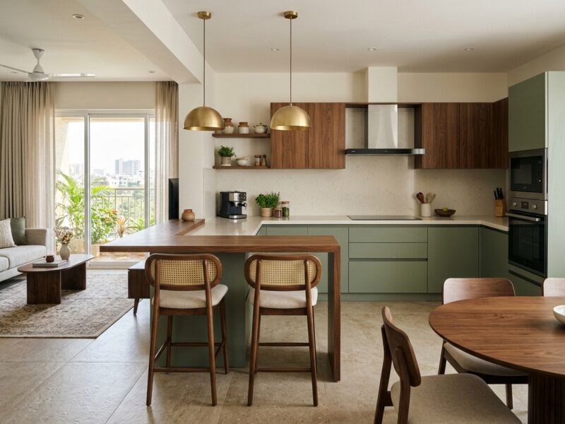 Open Modular Kitchen with Rattan Breakfast Bar Counter