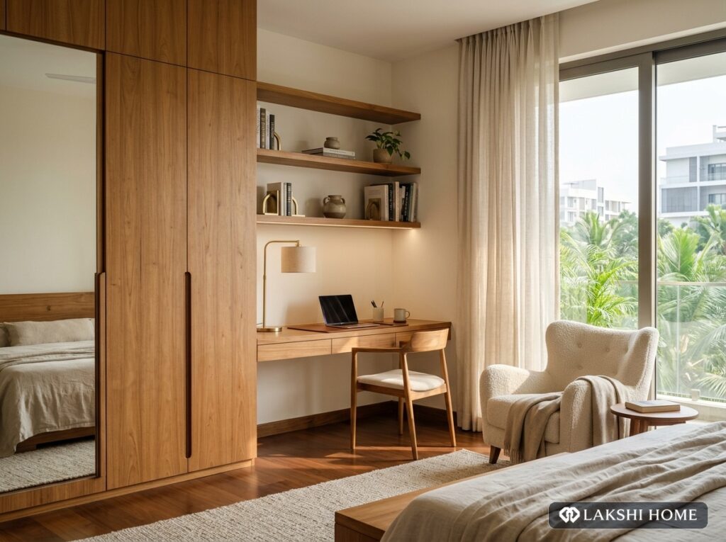 Warm Teak Bedroom and Study Desk in Nungambakkam Chennai Lakshi Home Chennai