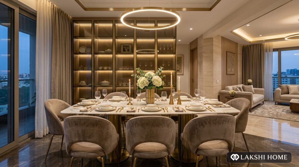Statuario Marble Dining & Smoked Glass Crockery Unit in OMR Chennai Lakshi Home Chennai