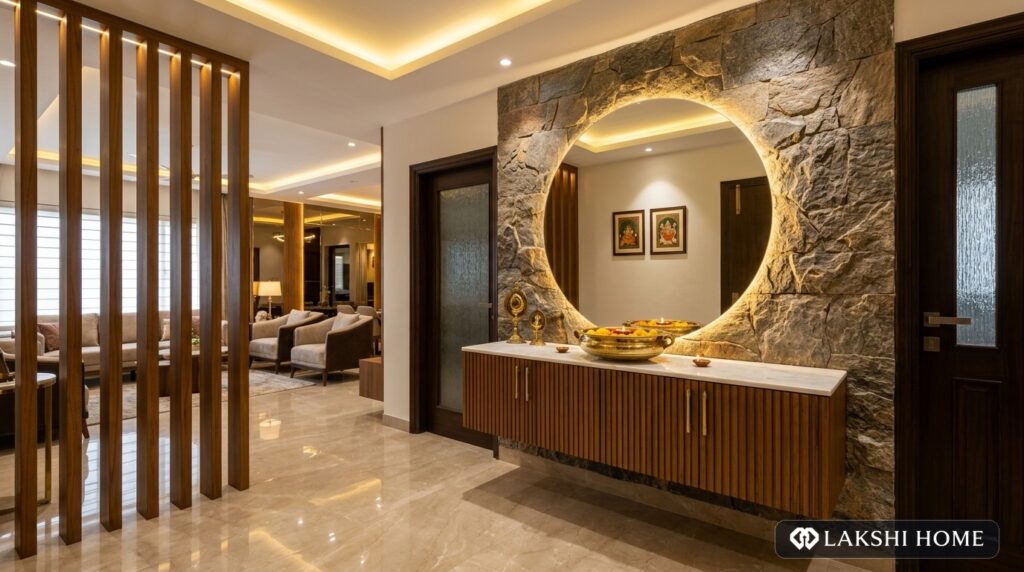 Fluted Teak Shoe Console & Backlit Mirror Foyer in OMR Chennai Lakshi Home Chennai