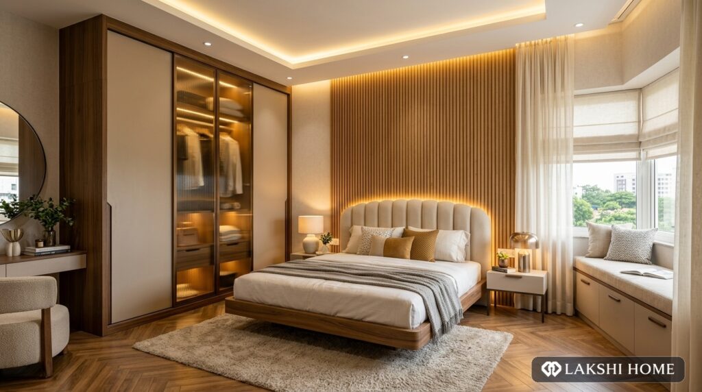 Smoked Teak & Bronze Glass Master Bedroom Wardrobe in OMR Chennai Lakshi Home Chennai