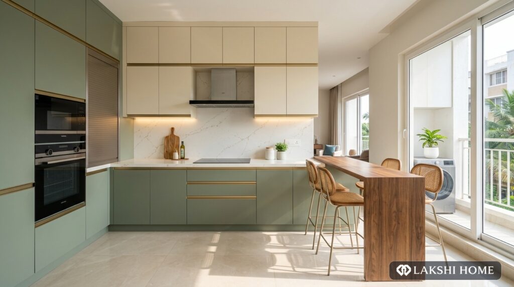Sage Green & Champagne Quartz Modular Kitchen in OMR Chennai Lakshi Home Chennai