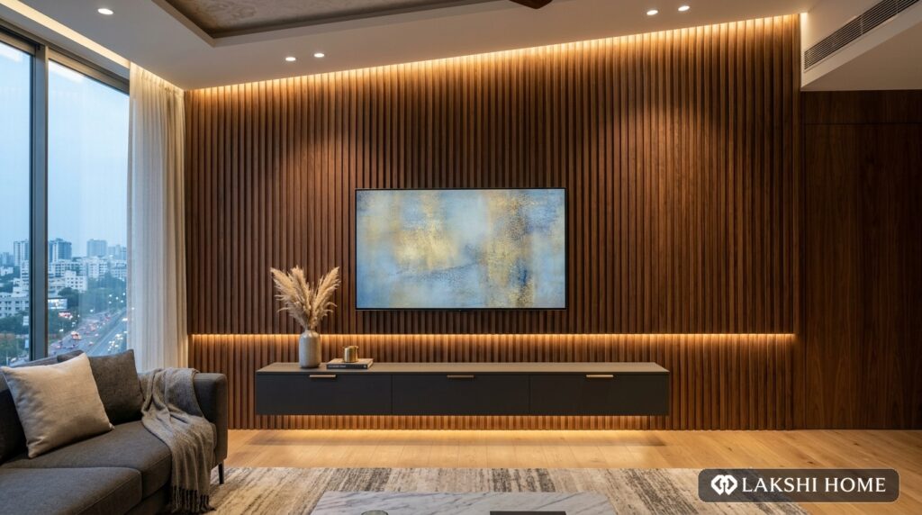 Fluted Wood Media Feature Wall in Perungudi OMR Chennai Lakshi Home Chennai