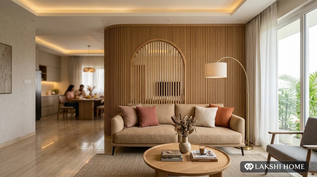 Arched Fluted Wood Partition in Porur Chennai Lakshi Home Chennai