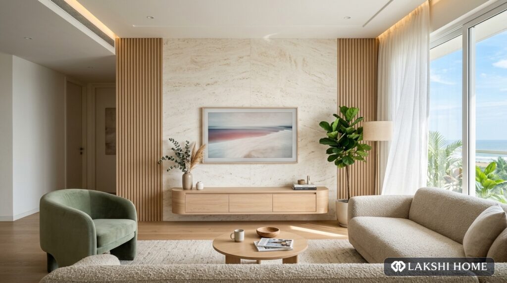 Fluted Marble TV Wall Living Room in Thiruvanmiyur Chennai Lakshi Home Chennai