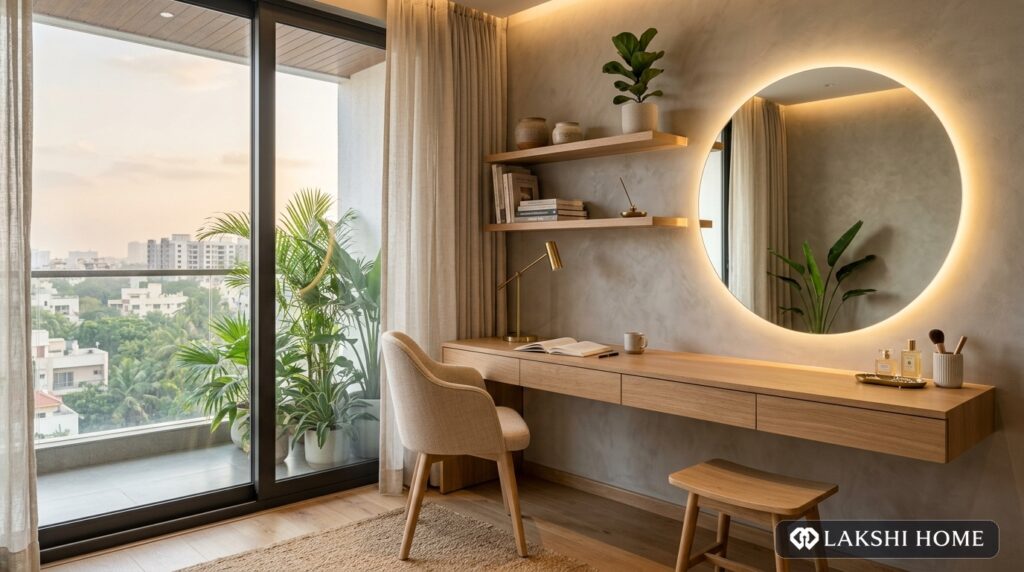 Backlit Round Vanity Mirror Study in Thiruvanmiyur Chennai Lakshi Home Chennai